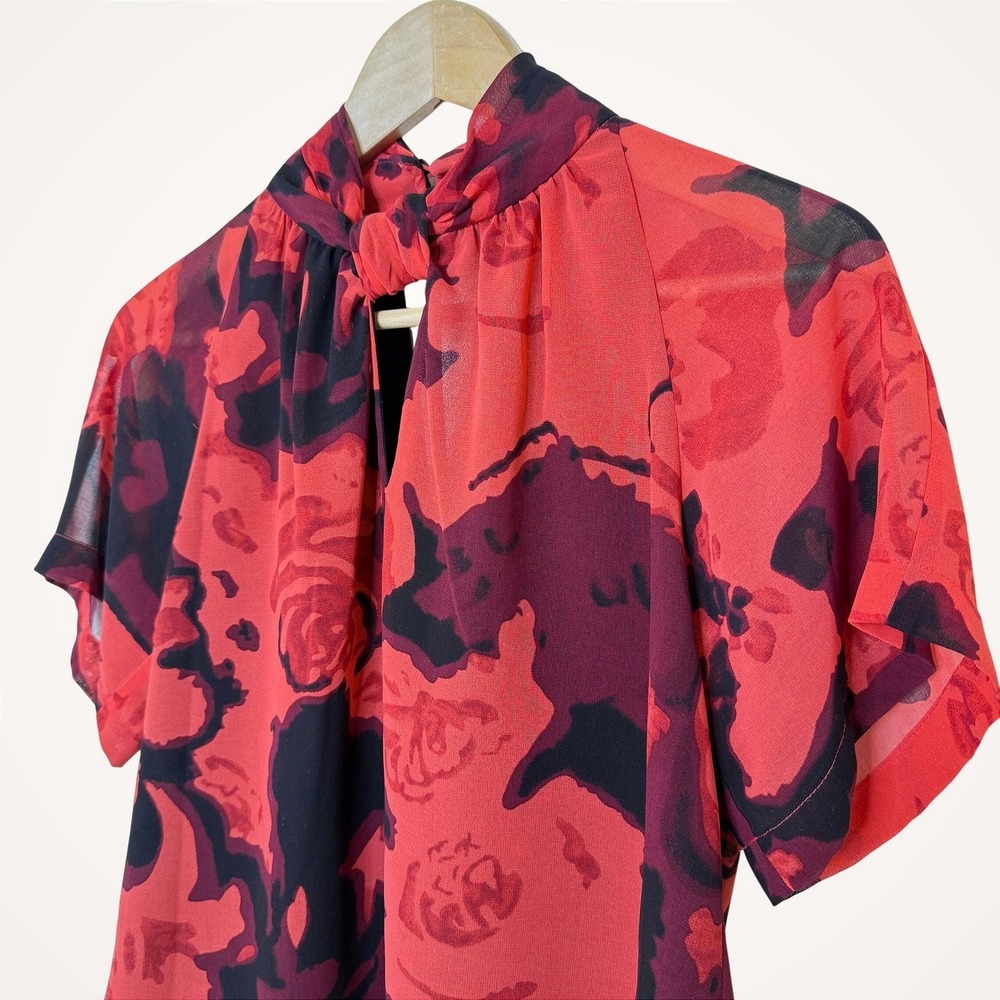 Womens Sheer Floral Print Keyhole Neck Blouse XS Orange Red Black Short Sleeve